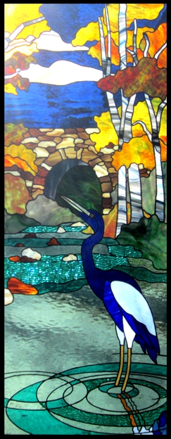 closeup of heron stained glass