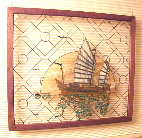 asian stained glass,chinese junk stained glass,chinese sampan stained glass